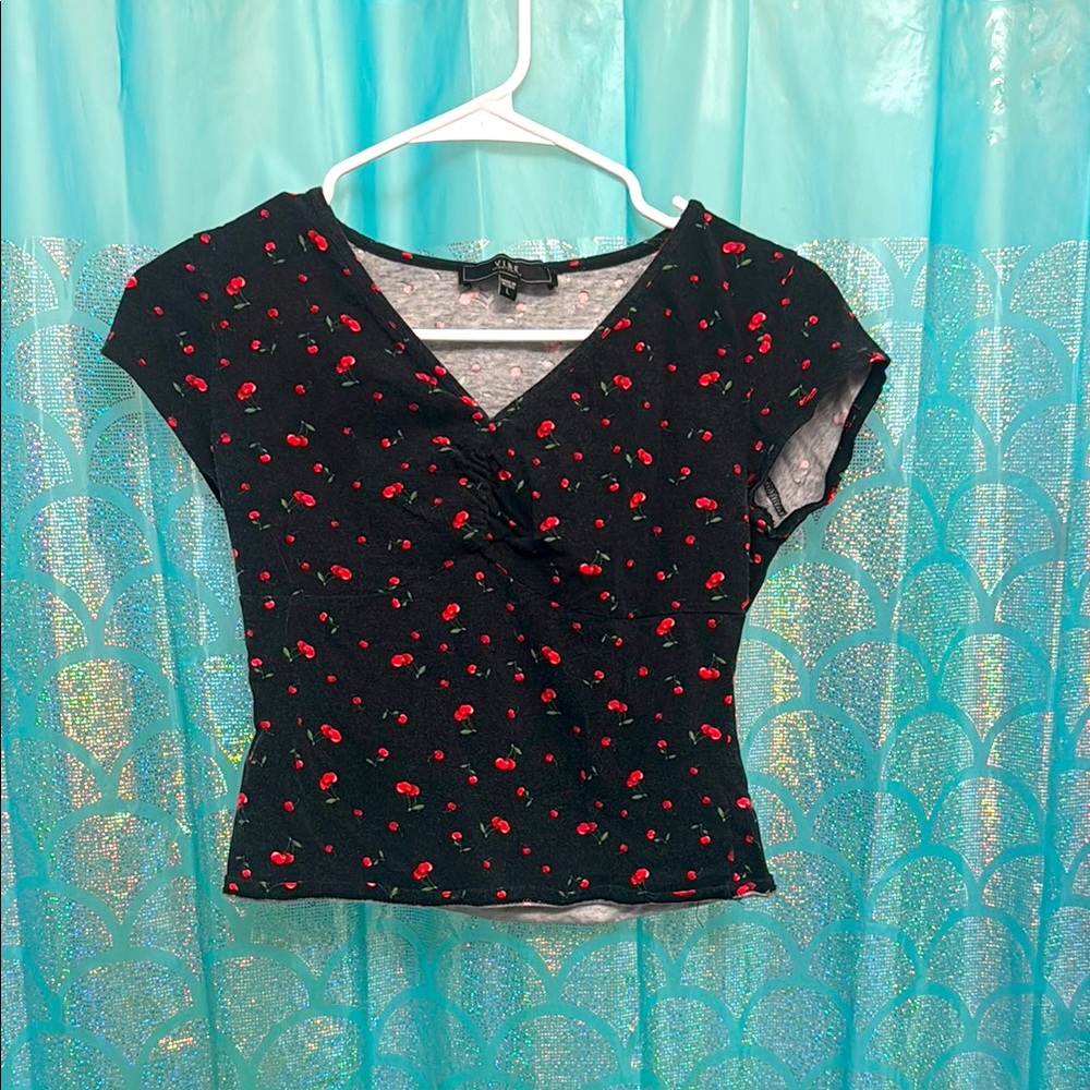 Cherry Print Black Top